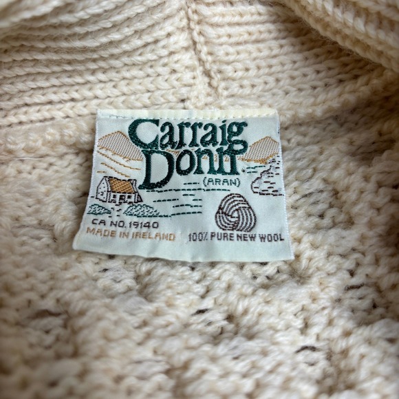 Carraig Donn Aran Knit Wool Shawl Collar Cardigan Cream Made in Ireland Mens M - Picture 4 of 12